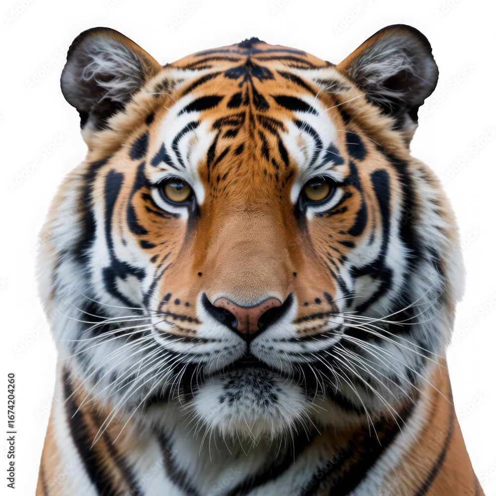 Obraz premium Striking close-up portrait of a majestic bengal tiger head with a vibrant checkered backdrop