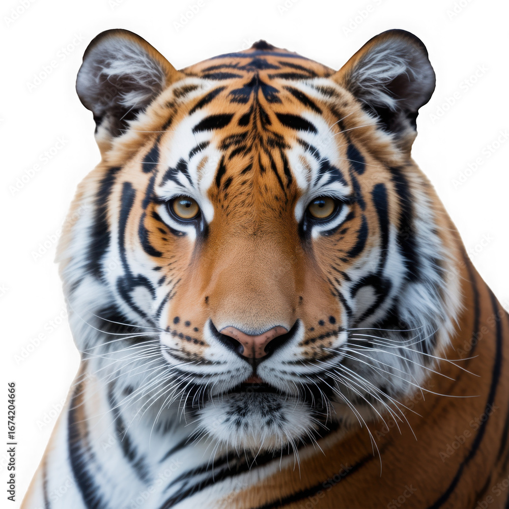 Fototapeta premium Majestic bengal tiger head close-up portrait with striking eyes on a checkered backdrop wildlife
