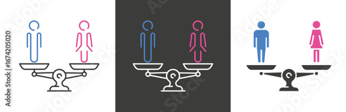 flat and linear set icons, compare women and men on scales icon, gender inequality, balance justice, images, simple symbols on white and black background - editable stroke vector illustration