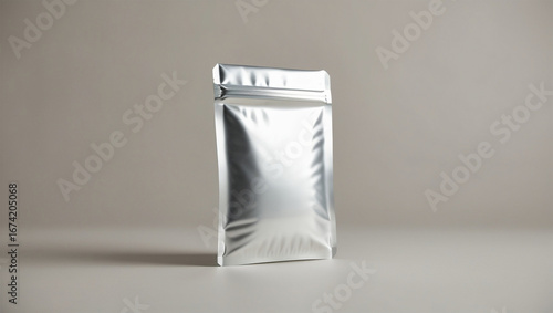 PNG ULTRA HD 8K Single Silver Zip Lock Bag - Clean Metallic Pouch Mockup with Tear-Off Strip, No Branding, Neutral Background, Fully in Focus