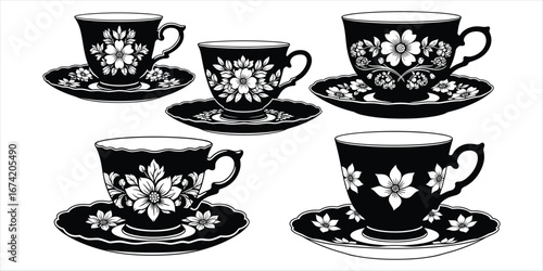 Black and white floral teacups and saucers set on white background coffee cup porcelain