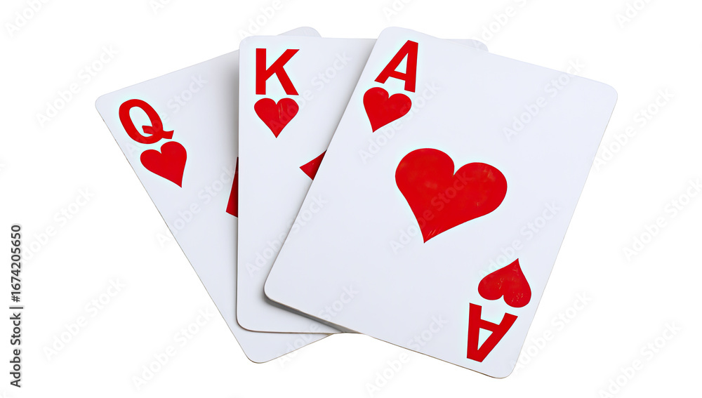 Obraz premium Three playing cards, hearts suit, close-up