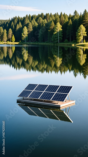 Floating solar panels on calm lake reflecting nature's beauty