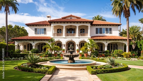Luxury Home Exterior with Fountain and Palm Trees.