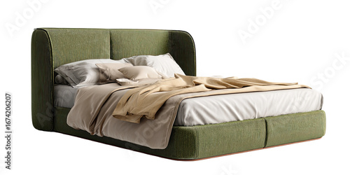 A modern upholstered bed in sage green