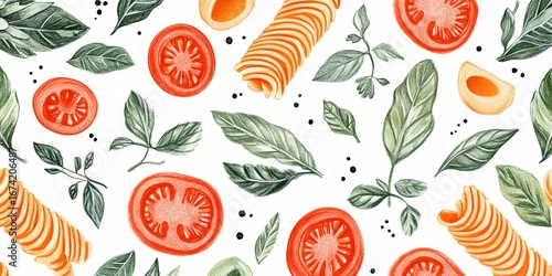 fresh tomato pasta with basil and spinach pattern for food blog design