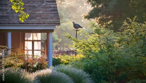 peaceful morning in a tranquil home garden with dew covered leaves and chirping birds