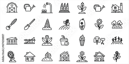 Collection Of Outline Icons Related To Gardening And Farming agriculture plant