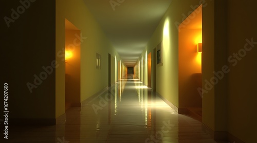 Illuminated Hotel Corridor: A Long Perspective View