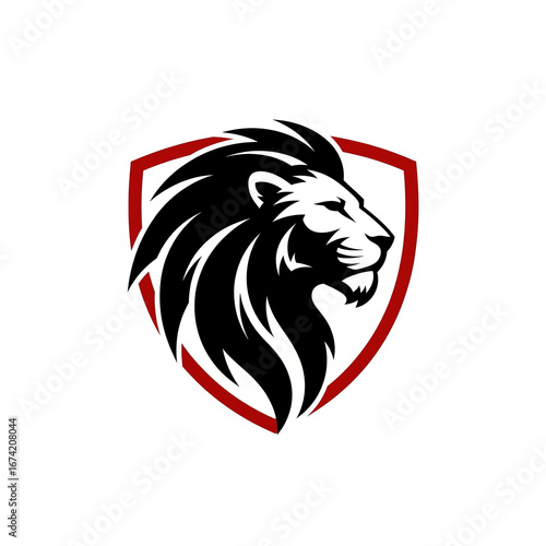 Majestic African lion head emblem on a red shield