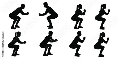 Eight Black Silhouettes Of People Doing Squats Exercise fitness workout