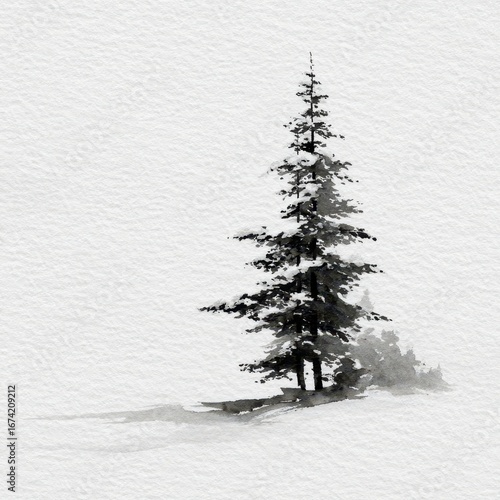 Minimalist watercolor of a snow-covered pine tree in a winter landscape