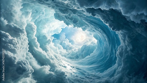 Surreal swirling sky tunnel of clouds with bright light