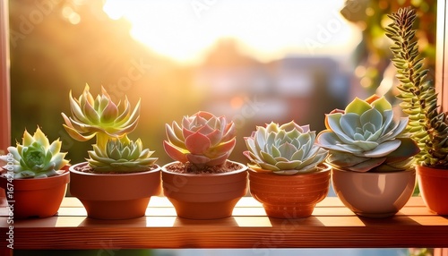 Wallpaper Mural potted succulents in rows on wooden shelf by balcony in sunlight Torontodigital.ca
