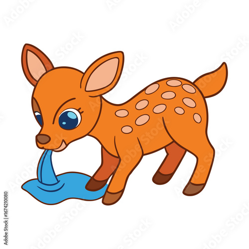 A cute cartoon fawn drinking water from a blue puddle deer baby animal
