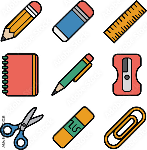 Collection of colorful school supplies on a white background pencil eraser