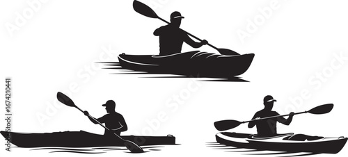 Three kayakers paddling in silhouette