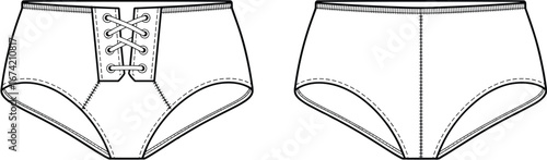 Women’s high waist lace-up front panties flat fashion sketch with back view vector template for underwear design and illustration