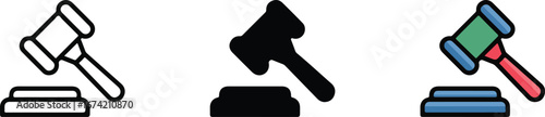 Law and justice gavel icons set, Collection of gavel icons in different styles, symbolizing law, justice, auctions, and court decisions for legal or business use.
