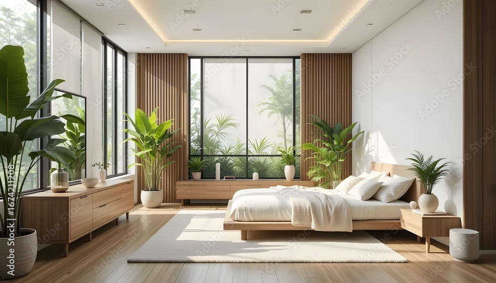 Fototapeta premium Minimalist Bedroom Design with Sleek Wooden Furniture and Lush Green Plants in Bright Space