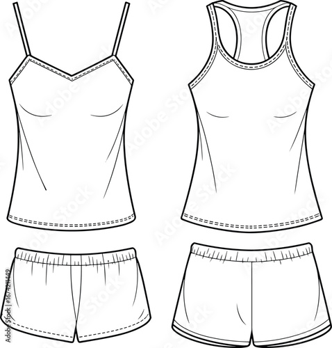 Women’s camisole and racerback tank top with shorts pajama set flat sketch for summer sleepwear fashion vector template design