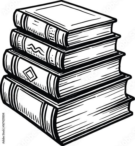 Black and white vector illustration of a stack of books. A simple graphic representing education, literature, or a library, suitable for school projects and reading-themed designs.