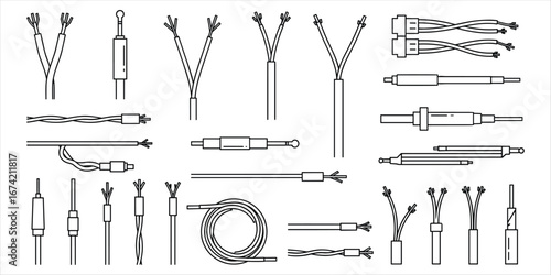 Line Art Illustrations of Electrical Wires and Connectors on White cable connection