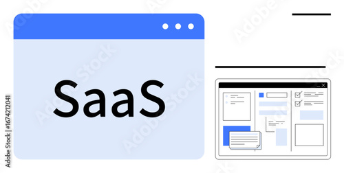 Web browser window labeled SaaS next to a detailed interface mockup. Ideal for software development, SaaS solutions, cloud computing, digital tools, web design, user experience, and tech services in