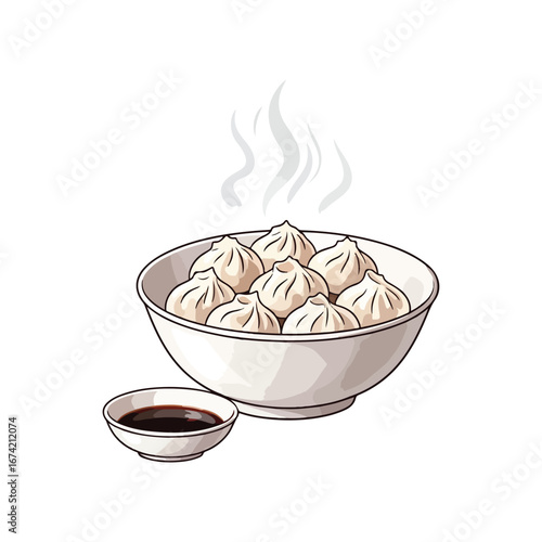 Steaming bowl of dumplings with soy sauce dipping dish dim sum food