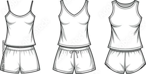 Women’s tank top and shorts pajama fashion flat sketch set with camisole, v-neck, crew neck sleepwear vector template