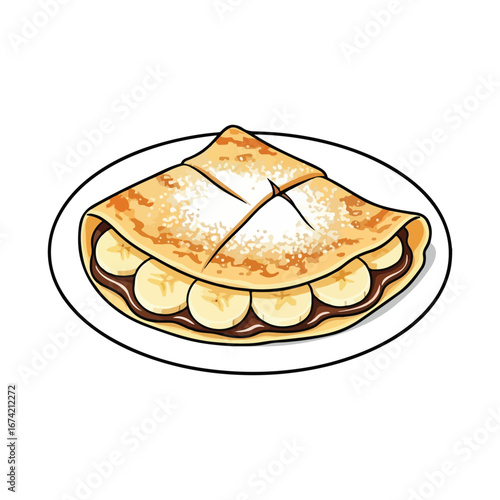 Crepe with chocolate spread and banana slices dusted with powdered sugar on a white plate pancake