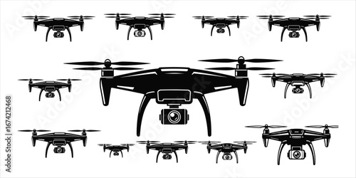 Multiple black drone silhouettes of different sizes on a white background quadcopter aerial