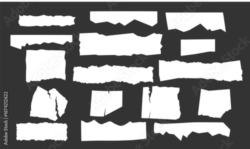 Various white paper scraps display rugged edges against a dark gray background, transparent