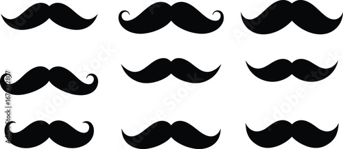 Nine Black Mustache Silhouettes with Swirled Ends on White Background mustaches facial hair