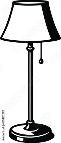 Black and white table lamp vector illustration. A simple graphic of a classic light fixture, perfect for home decor designs, lighting catalogs, and interior design themes.