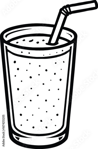 Black and white smoothie or milkshake vector illustration. A simple graphic of a beverage in a tall glass with a straw, ideal for cafe menus, health food designs, and drink-related logos.