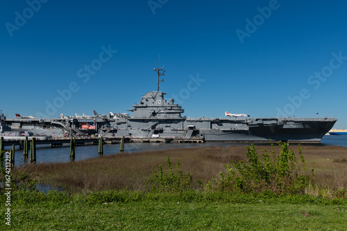 Charleston, South Carolina, USA - March 29, 2024. The historic USS Yorktown aircraft carrier is docked at Patriots Point Naval & Maritime Museum in Charleston Harbor.