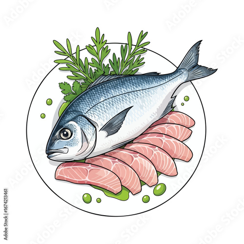 Whole fish and sliced raw fish on a white plate with parsley and green sauce seafood sliced fish