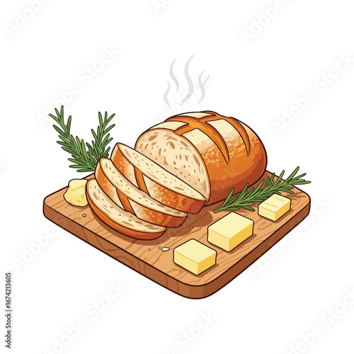 Sliced artisan bread with butter and rosemary on a wooden board sliced bread loaf