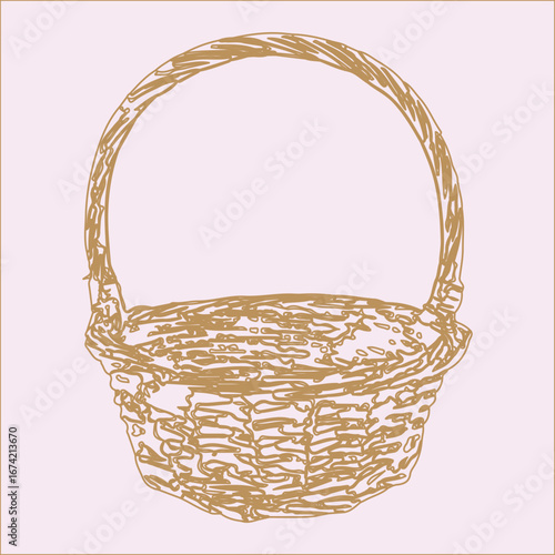 Hand-drawn empty wicker picnic basket. Basket with a handle made of twigs. color background