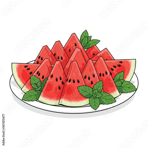 Sliced watermelon with mint leaves on a white plate fruit wedges