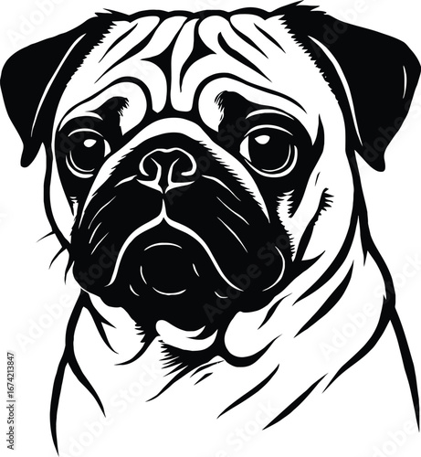 Black and white pug dog vector illustration. A cute canine graphic, perfect for pet-related logos, stickers, and animal-themed designs.
