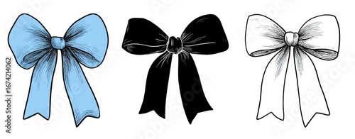 Three hand-drawn bows in different colors