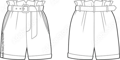 High waist paper bag shorts fashion flat sketch front and back view with belt and cuffed hem technical drawing