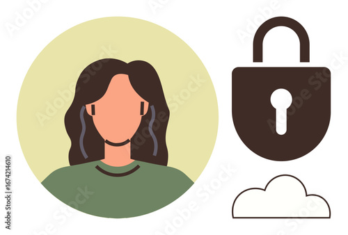 Female figure with dark hair beside a lock and cloud, symbolizing privacy, cloud storage, cybersecurity, and secure communication. Ideal for technology, security, online protection, user data