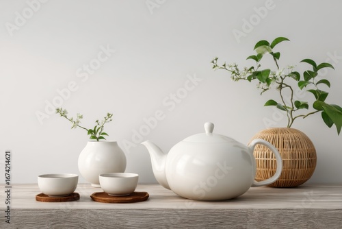 Wallpaper Mural Fresh brewed hot tea set with two cups and a teapot among gray beige wall with copy space. Steaming teacups. Perfect design for tea party, cafe shop, restaurants, afternoon tea. Drink or beverage Torontodigital.ca