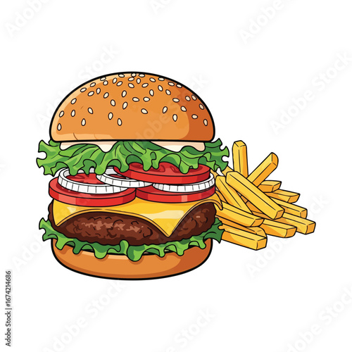 Cartoon hamburger with lettuce tomato onion cheese and french fries on white background cheeseburger