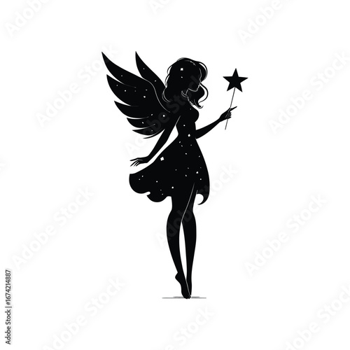 Silhouette of a celestial fairy with wings holding a star wand on a white plain background art piece
