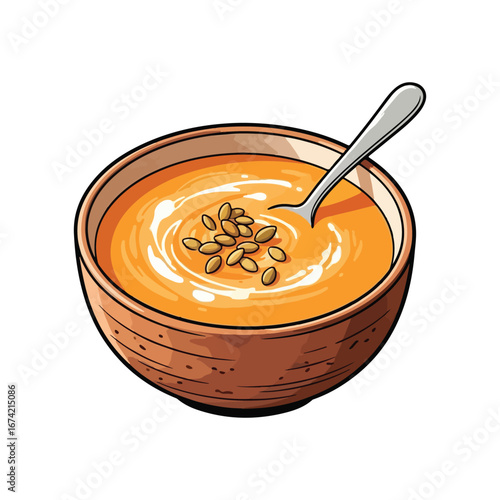 Orange soup in a rustic bowl with a spoon and seeds vector