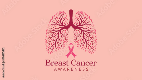 Vector art of breast cancer awareness symbol with lungs and pink ribbon on a pink background